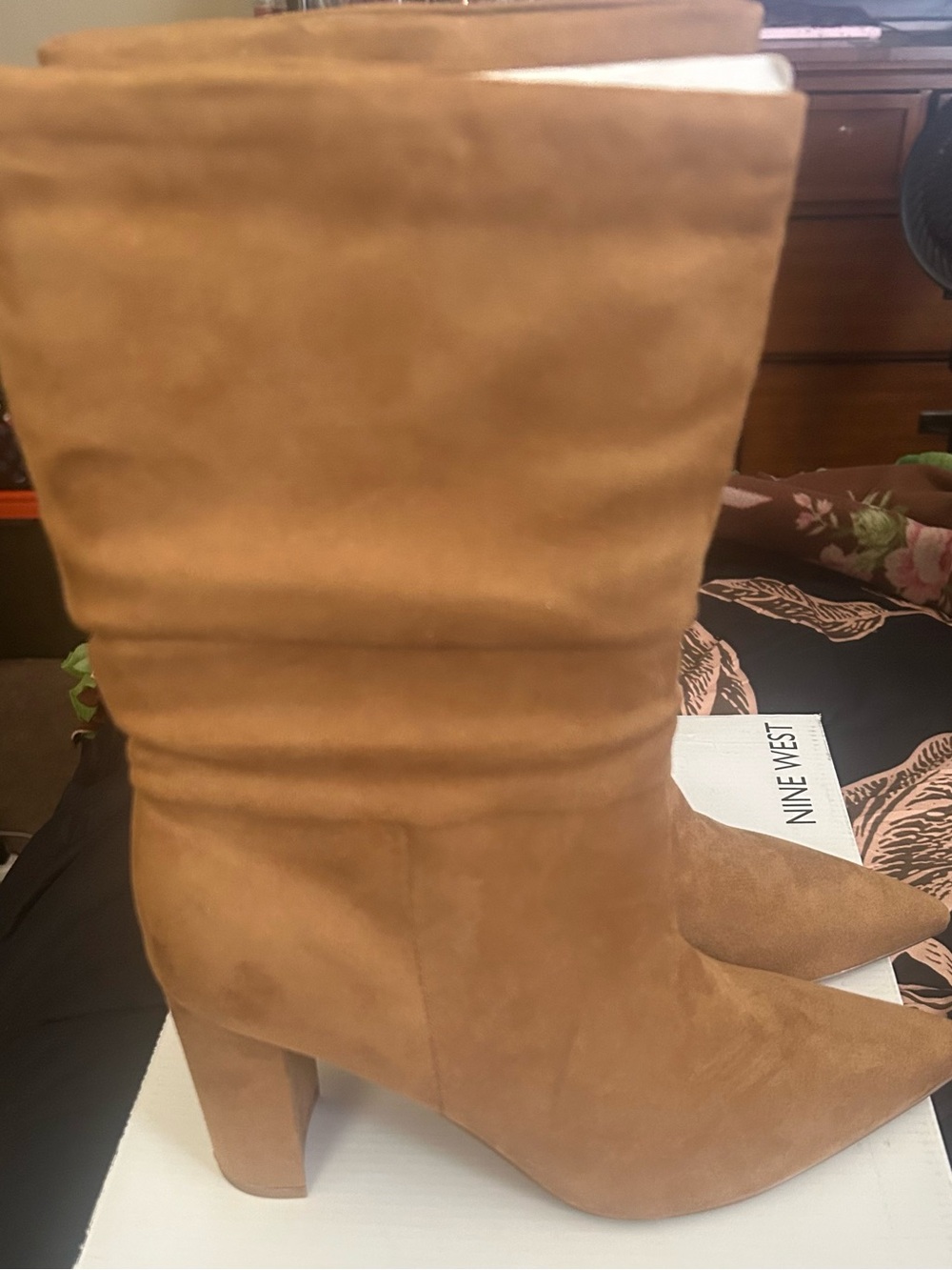 Nine West Cognac Suede Mid-Calf Block Heel Boots